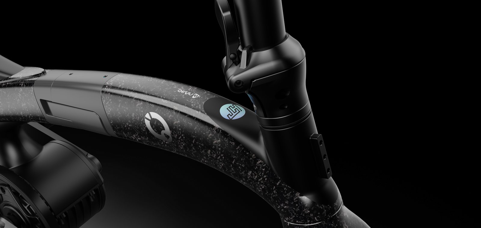 Dettaglio del tag HunterTag sul telaio in carbonio forgiato